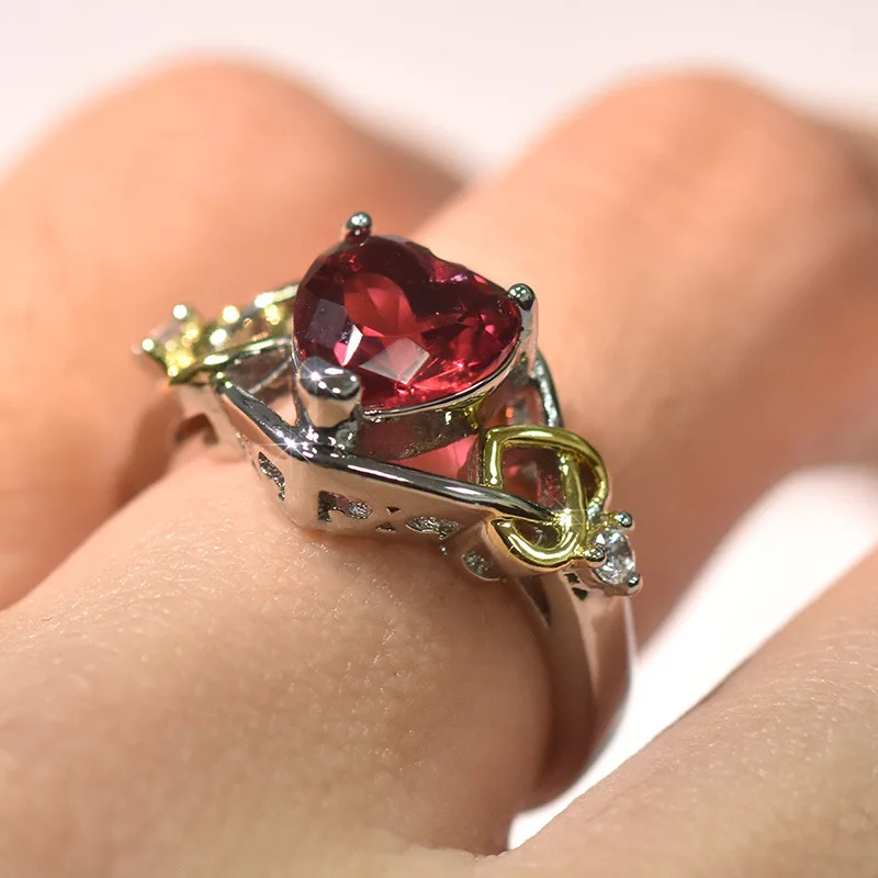 S925 sterling silver rose red love heart ring two color electric zircon engagement color separation ring for wedding proposal