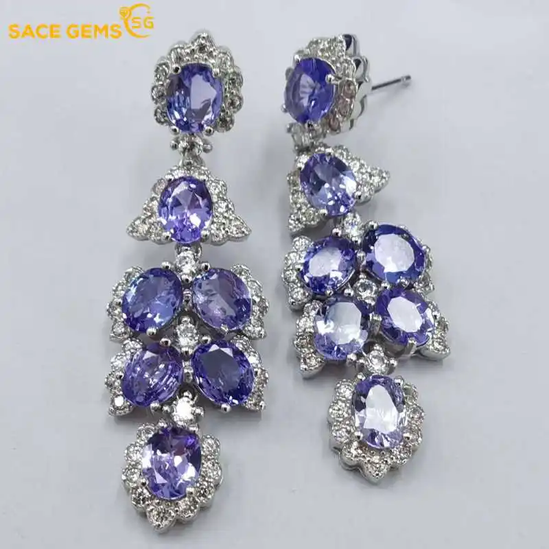 

SACE GEMS Fashion Jewelry Drop Earrings for Women 100% 925 Sterling Silver 4*5MM Tanzanite Stud Earrings Party Fine Jewelry