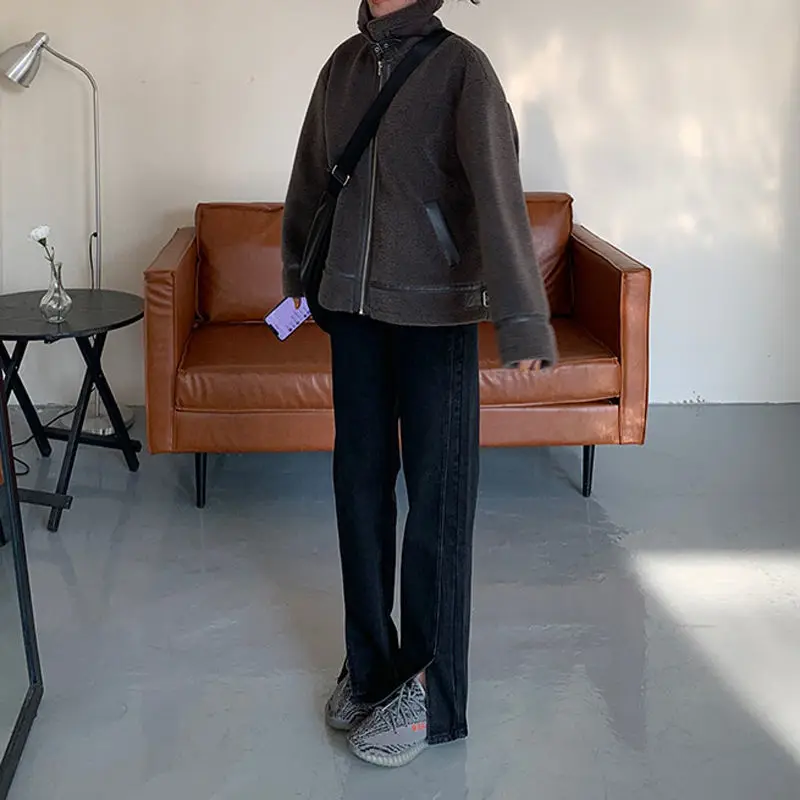 S-5XL ジーンズ女性インフロントスリットソリッドミニマリストヴィンテージフィットハイウエストオルオールマッチ女性レトロデニムカジュアルスタイリッシュ