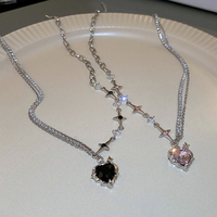 Kpop Black Heart Pendant Necklace Punk Shiny Rhinestone Star Asymmetric Chain Necklace for Women Neck Chain Y2K Jewelry
