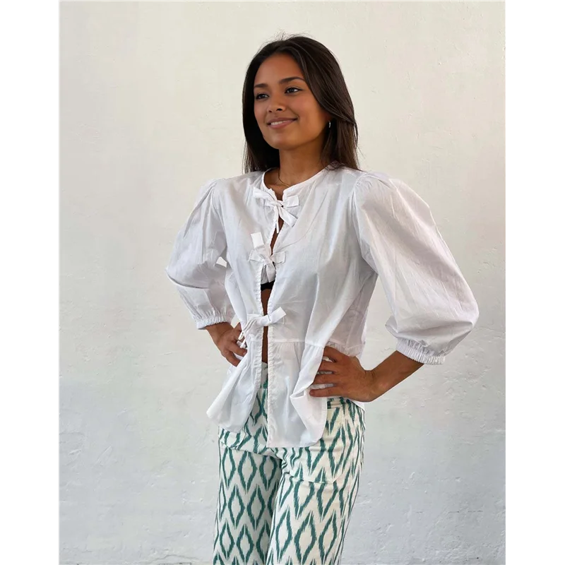 

A83F-Women Y2K Peplum Tops Puff Short Sleeve Tie Up Blouse Shirt Summer Going Out Cute Babydoll Top