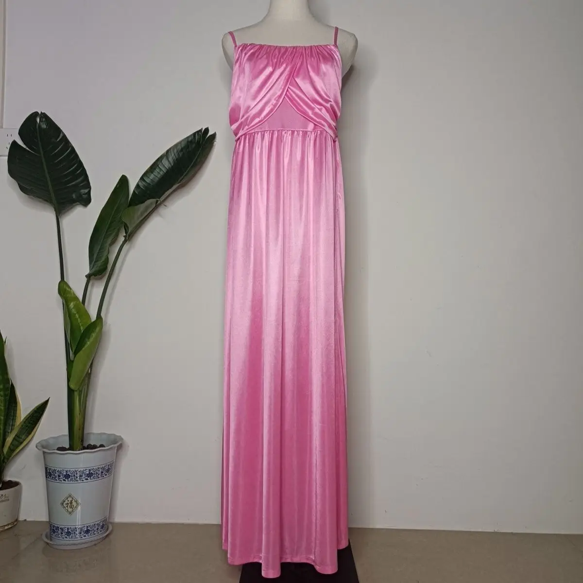 Glossy Pink Women Satin Loose Maxi Dress Sleeveless Plus Size Sexy Long Sleeping Robe