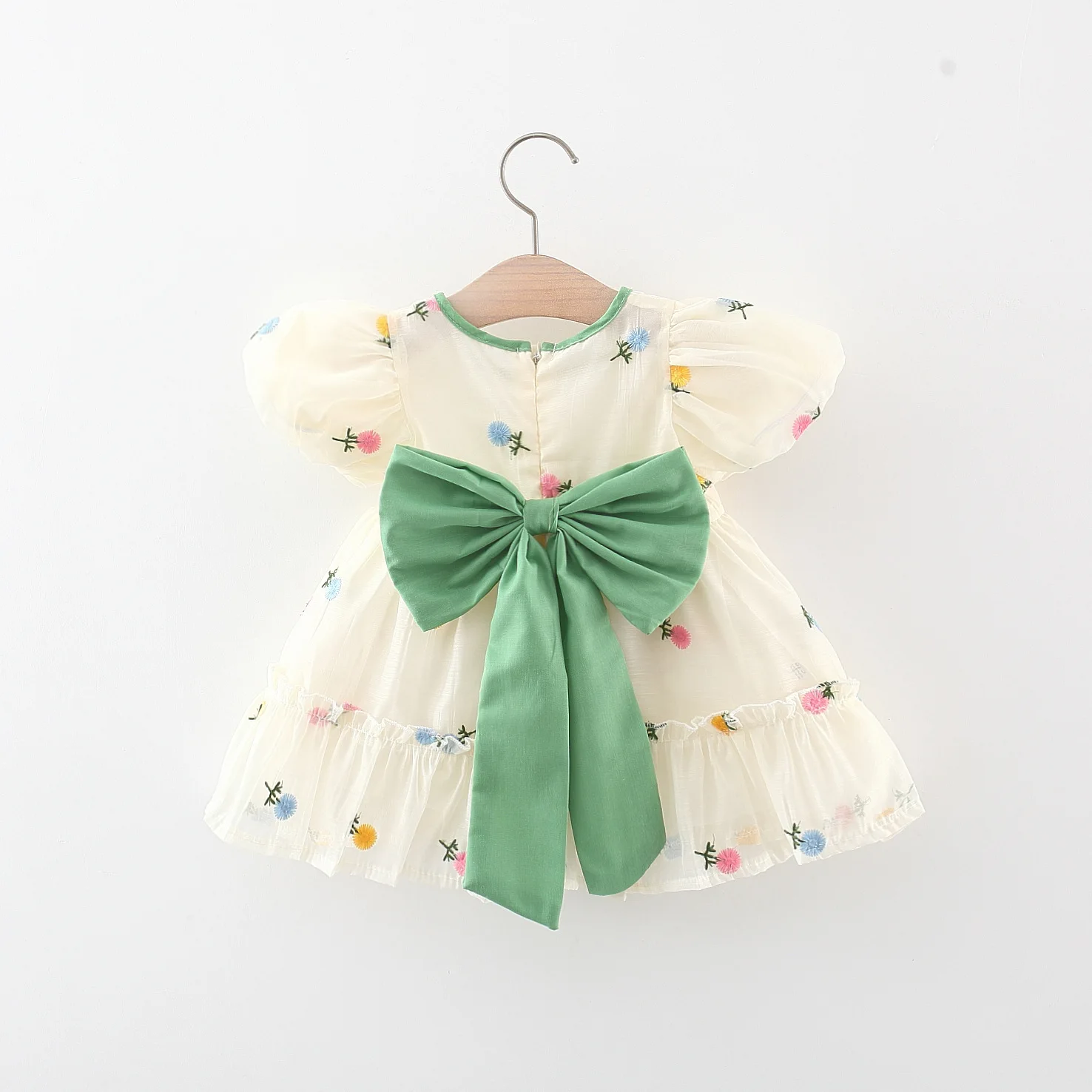 Summer Baby Fairy Bow Decoration Birthday Party Bubble Sleeve Embroidered Flower Girl Princess Dress