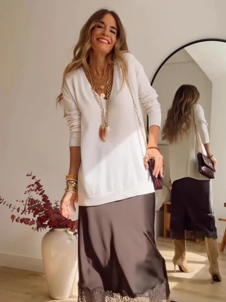 HH Women Spring Fashion Lace Hem Midi Skirt Female High Waist Streetwear Satin Texture Solid 2-Color Midi A-Line Skirt Mujer