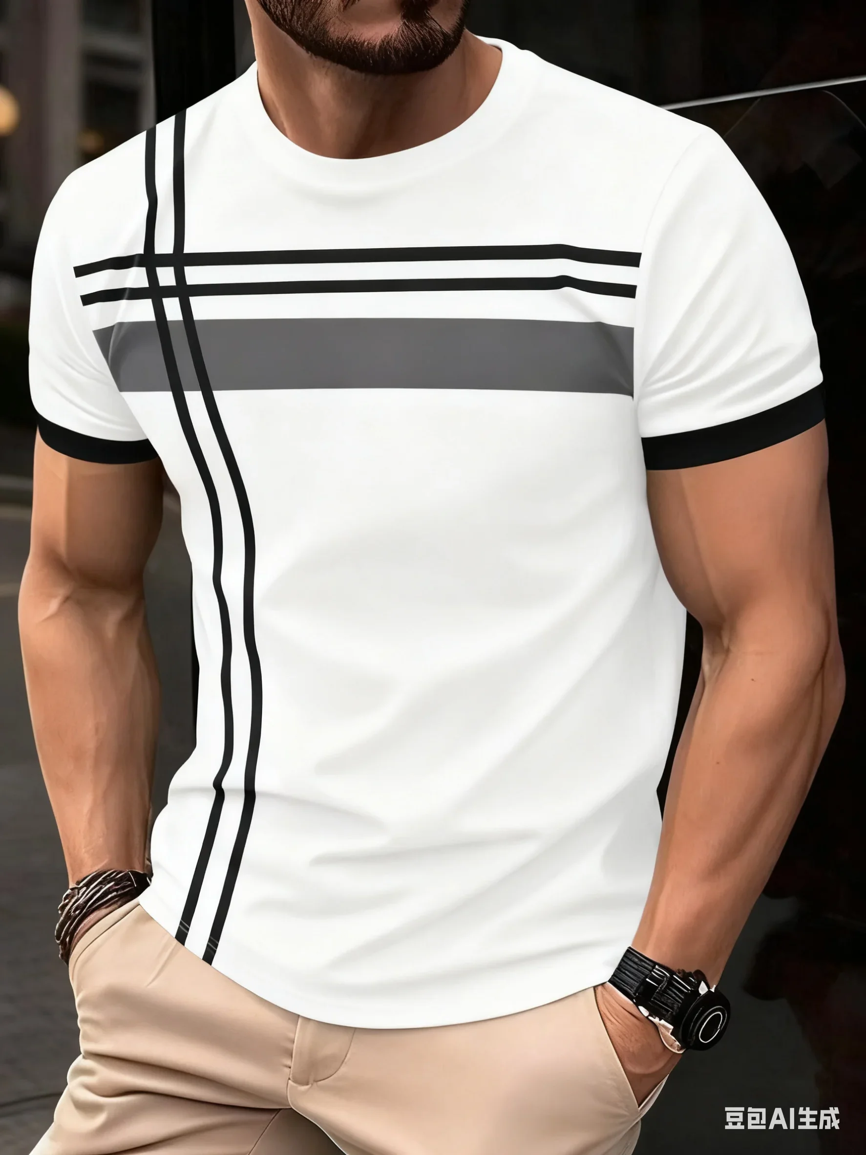 Simple Style Stripe Print Men's T-Shirts Business Casual Short Sleeve Tops Fashion Loose Breathable Tees Summer Street Pullover