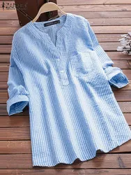 ZANZEA Autumn Stripe Blouse Women V-Neck Long Sleeve Blouses Elegant Office OL Shirt Tunic Chemise Stylish Casual Tops 2024