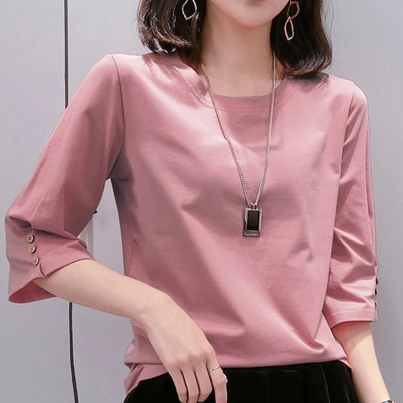 Spring Summer O Neck Simple Cotton Loose Casual Pullover Top Women Solid 3/4 Sleeve Buttons All Match T-shirt Female Tee Clothes