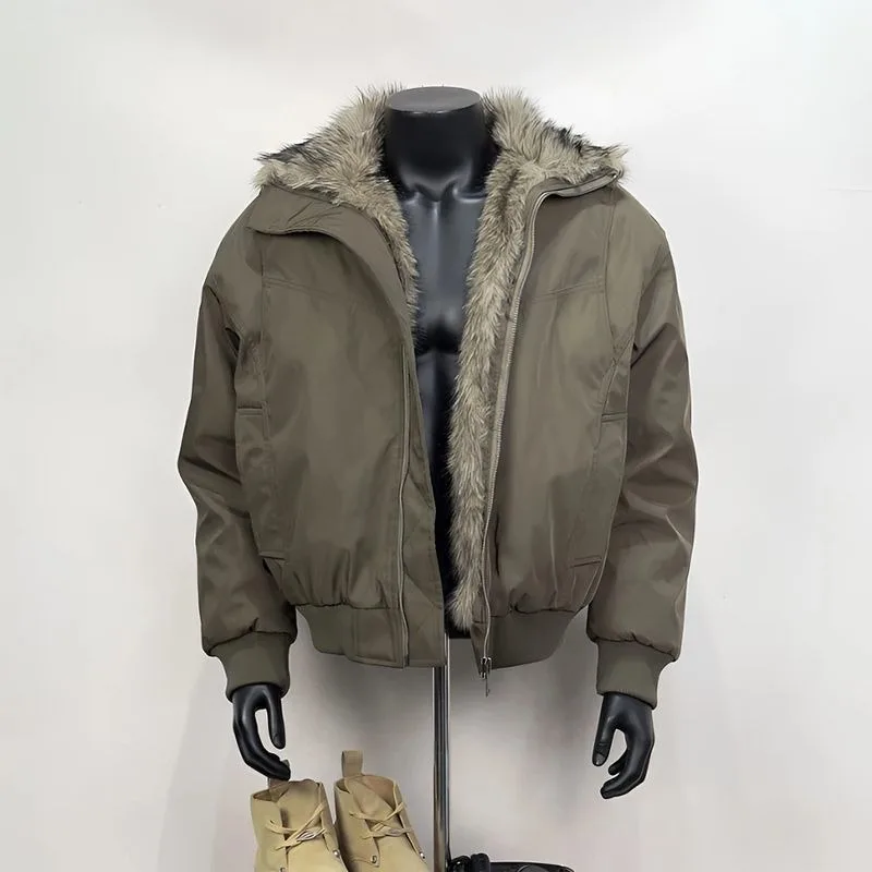 American Retro Thickened Warm Wool-collared Cotton-padded Jacket for Men in Winter Deconstructed Design Sense with Fleece Jacket