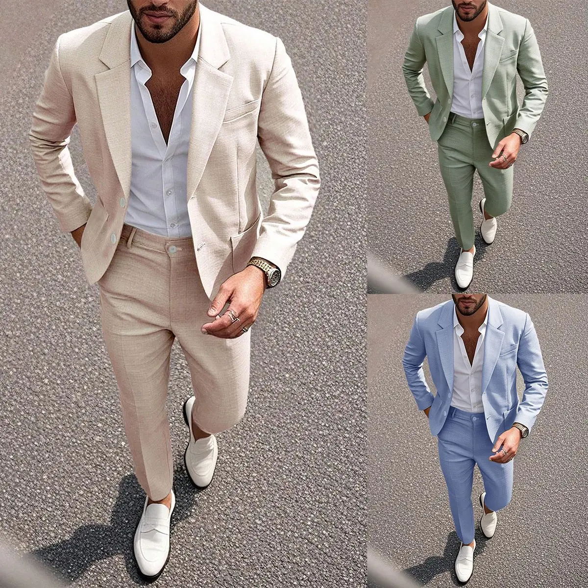 

Мужской костюм для весны и лета, европейские размеры, однотонный, элегантный, для банкетов и легких деловых встреч.