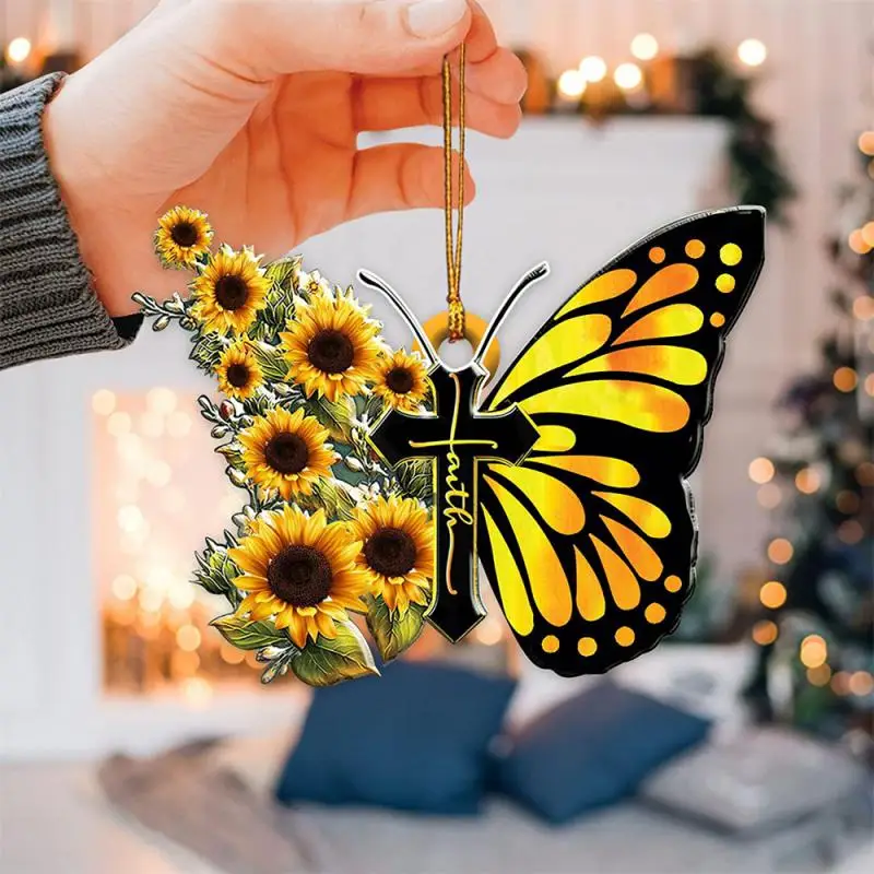 Butterfly Cross Hanging Decoration For Car Sunflower Butterfly Car Charm Rear View Mirror Accessories Car Interior Decor Pendant