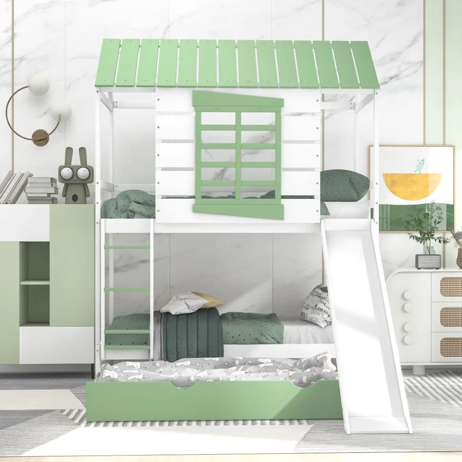 Twin over Twin Size House Bunk Bed with Convertible Slide and Trundle White+Green