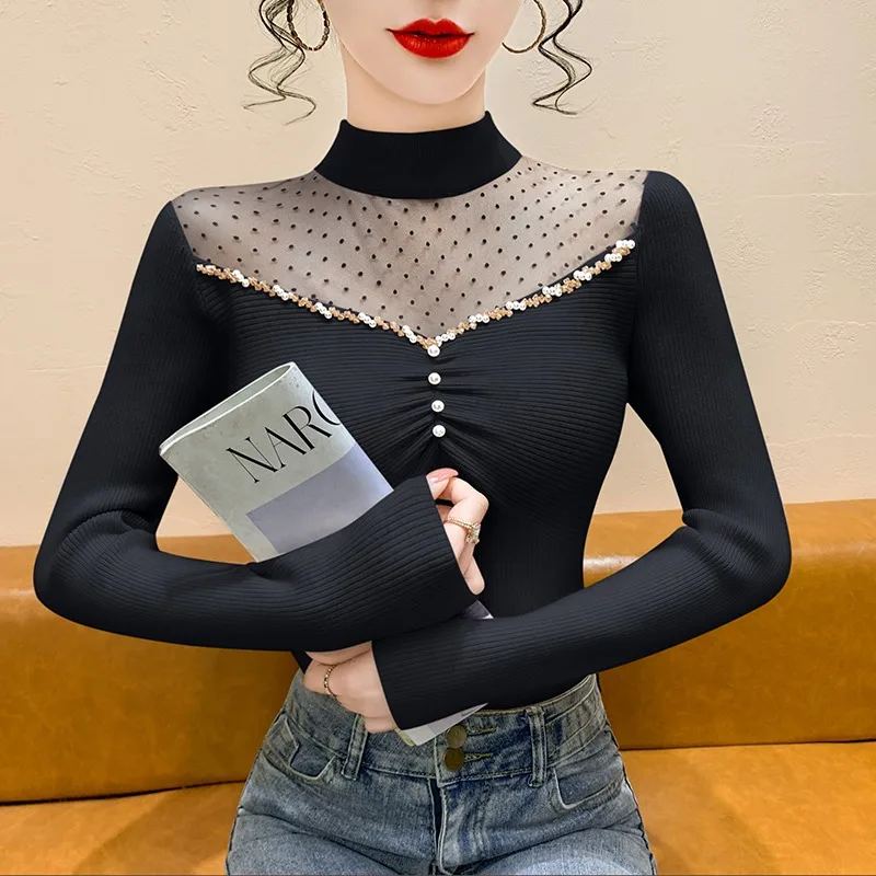 เสื้อสเวตเตอร์ไหมพรมทรงเข้ารูป แขนยาว สไตล์ฝรั่งเศส สำหรับผู้หญิง ประดับมุก ตกแต่งด้วยผ้าคลุมคอสูง เหมาะสำหรับฤดูใบไม้ร่วงและฤดูหนาว