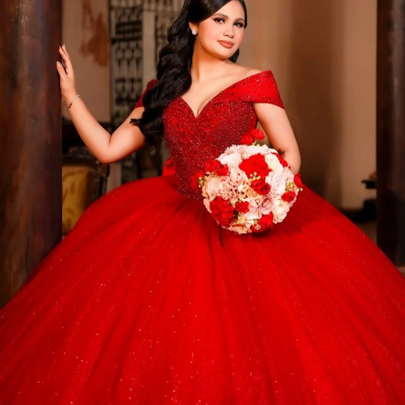 

Shiny Red Quinceanera Dress off-shoulder Lace ruffle glitter crystal decal Long tail Bow vestidos de 15 Quinceanera ﻿Customize