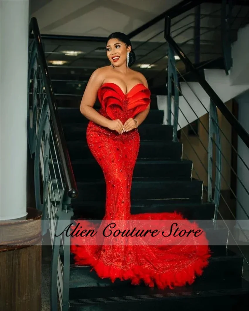 Sparkly Red Mermaid Evening Dress Bead Crystals Elegant Sweetheart  Formal Birthday Party Dress Feathers Robe Customized