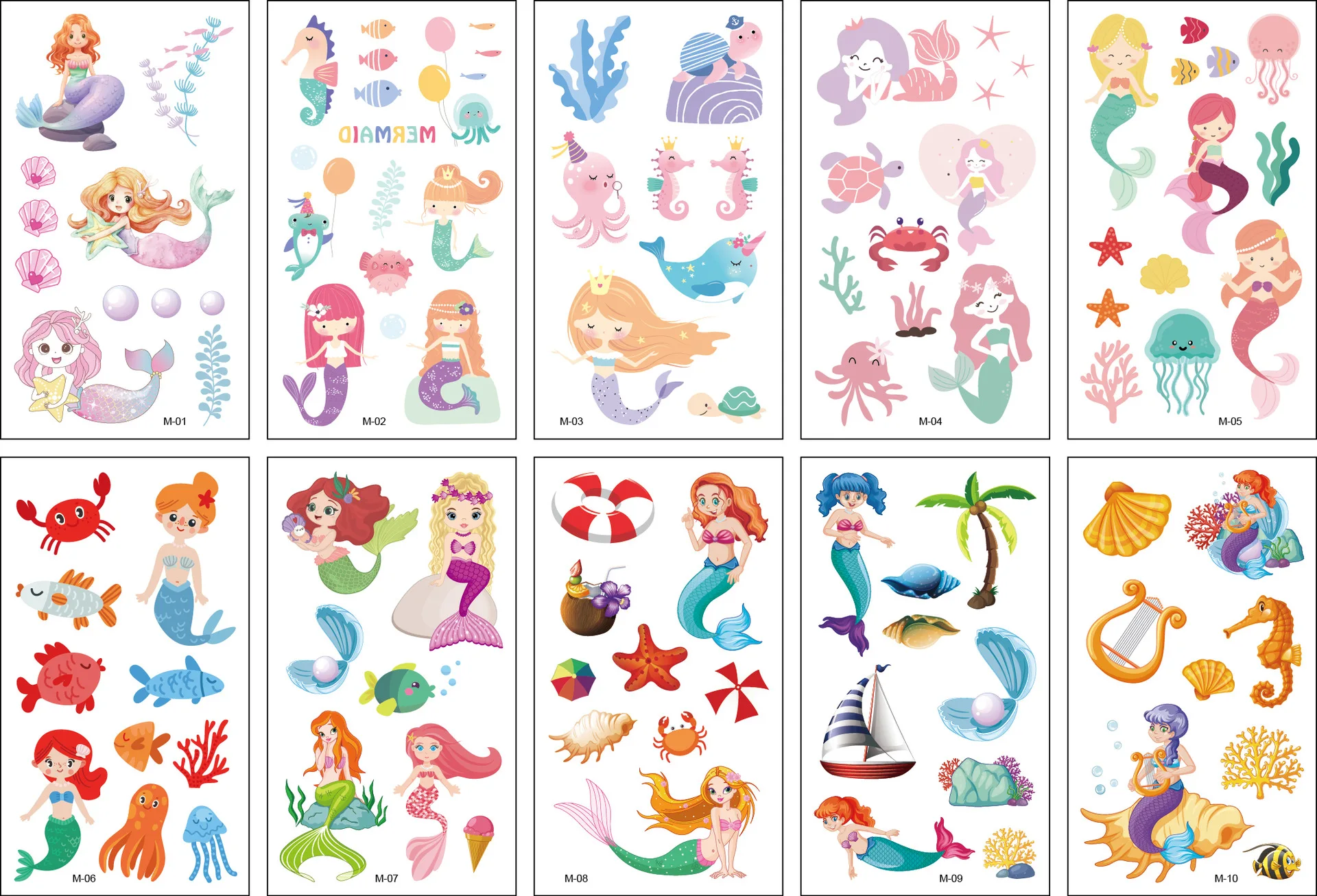 10 Pack Fake Tattoo Stickers Cartoon Temporary Tattoos Kids Arm Tattoos Kids Undersea Mermaid Fun Party Tattoo Stickers