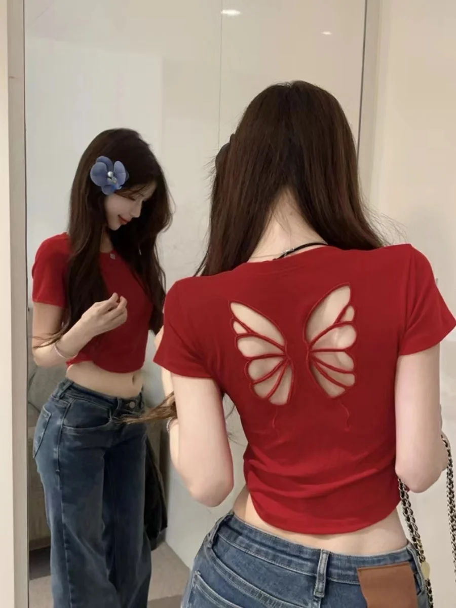 Hot Girl Hong Kong Style  Hollow out Back Short Sleeve T-Shirt Women's Summer Short Design Embroidery Shoulder Barin...