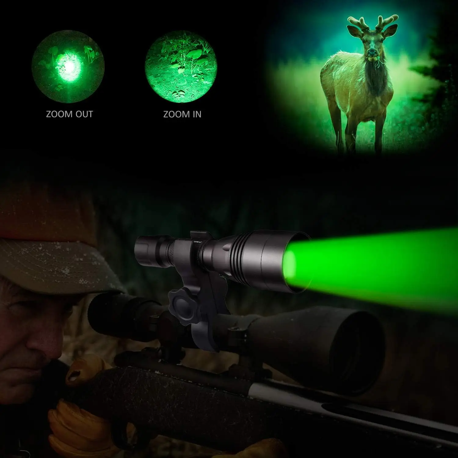 Long Range Zoomable Hunting Flashlight Kit with Green Red White IR LED Modules for Predator Night Hunting