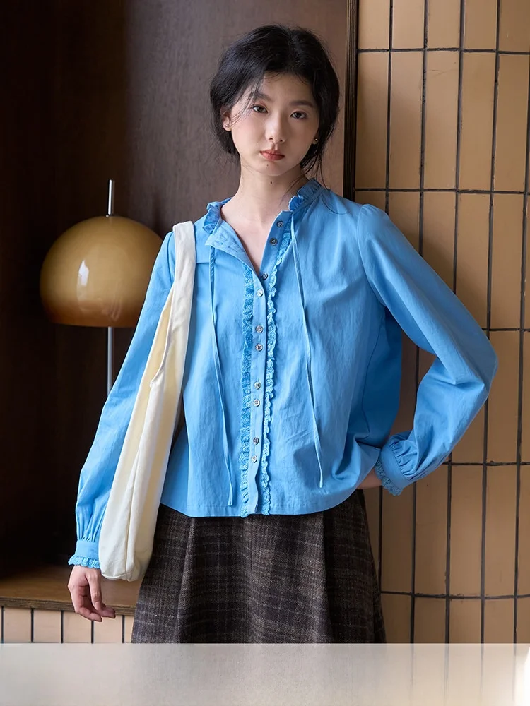 

Синяя женская новая ретро-рубашка с воротником-стойкой, стильный дизайн, хлопковая, дышащая, с длинным рукавом, средней длины