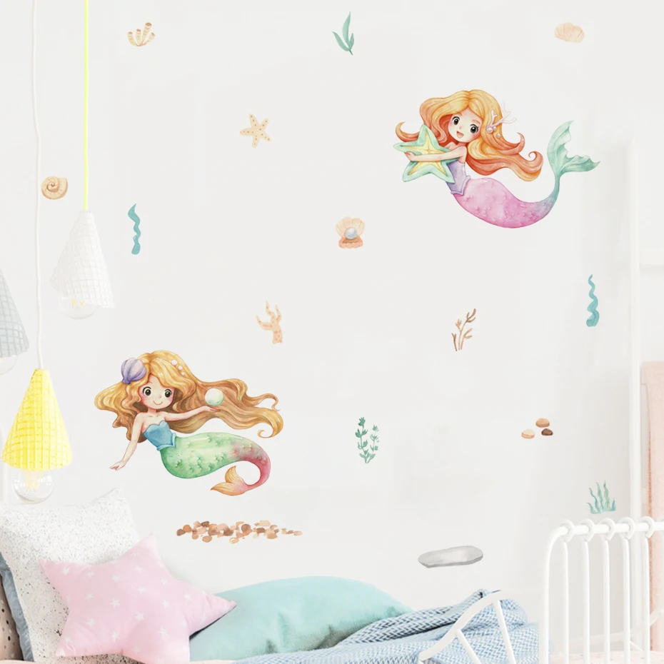 Cartoon Lovely Mermaid Princess Ocean Watercolor Nursery Wall Stickers for Kids Room Girls Room Decor Wall Decals Mural