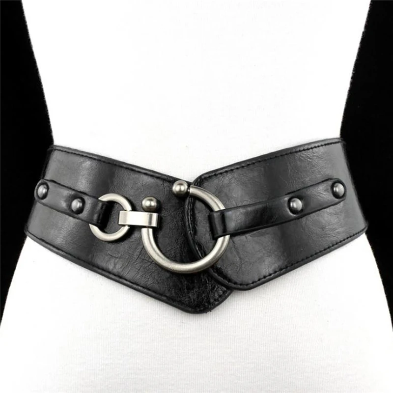 New Fashion Elastic Wide Belt Strap Vintage Women Faux Leather Buckle Elastic Wide Belts Solid Color Durable Waistbands