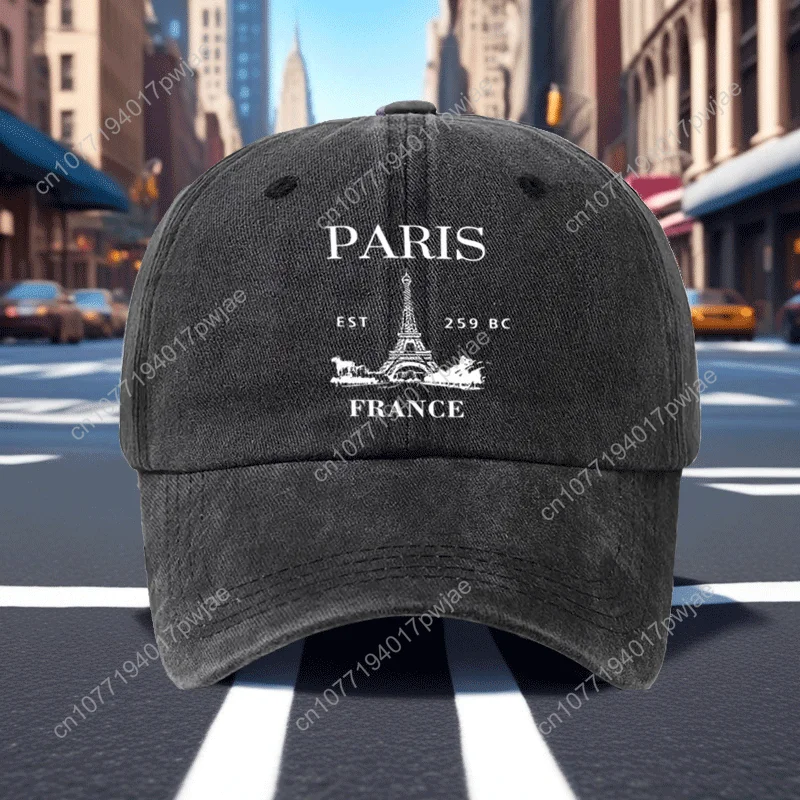 Berretto da baseball lavato con stampa vintage della Torre Eiffel di Parigi da 1 pezzo, cappello da sole morbido con tesa curva casual, berretto sportivo di dimensioni regolabili, Fashi