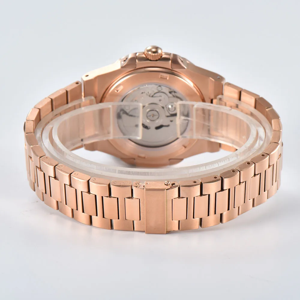 Jam tangan otomatis NH35 pria 43mm dengan casing emas mawar dan mesin jam mekanis otomatis NH35 Jepang dapat menyesuaikan logo