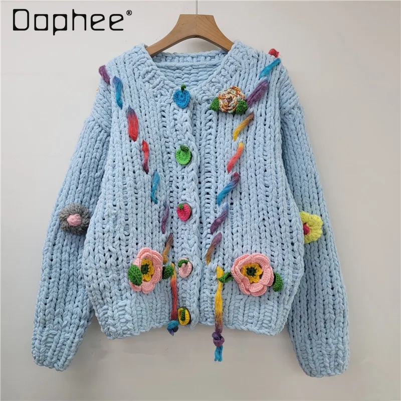 

Autumn Winter New Three-Dimensional Flower Long-Sleeved Thickened Knitted Cardigan Sweet Fashion Loose Casual Sweater Trendy