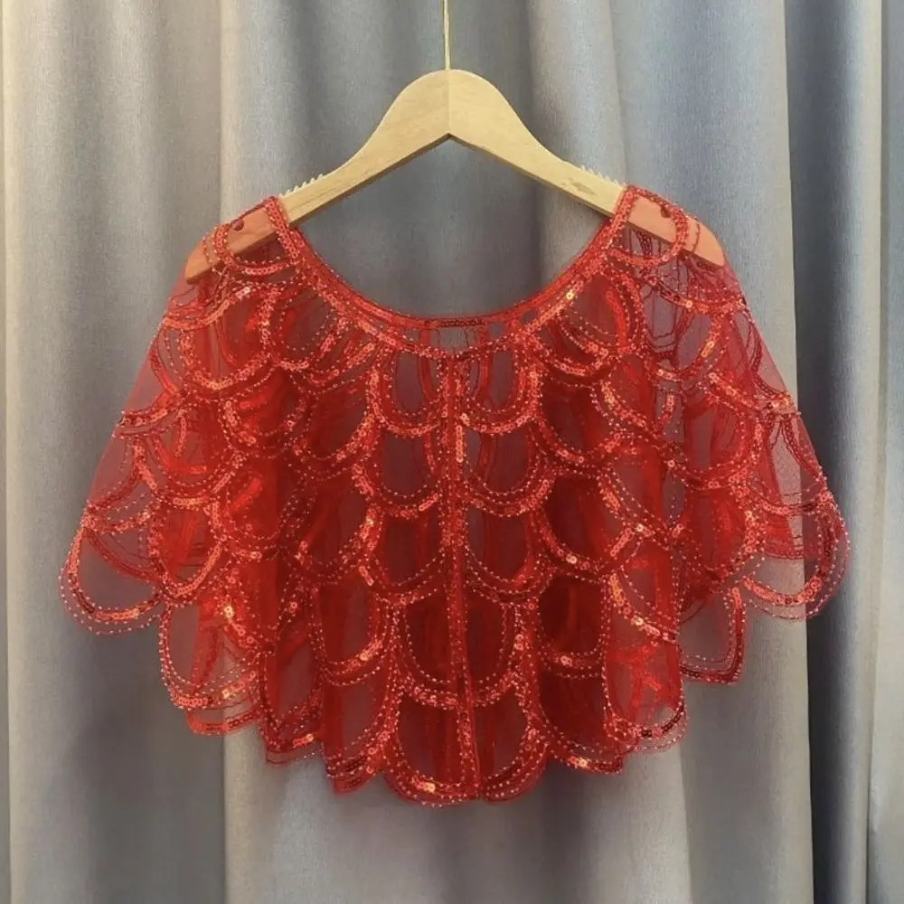 Fish Scale Pattern Sequins Shawl Tassel Sheath Aircondition Room Shawl Starry Sky Yarn Elegant Ethnic Style Cape Shawl