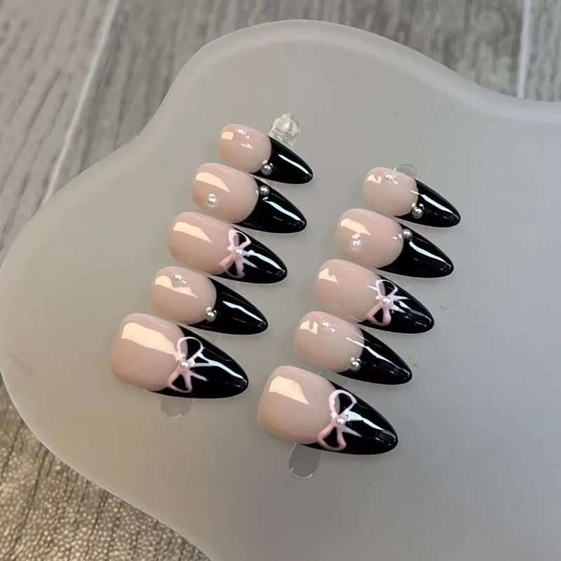 10 Stuks Lange Druk Op Acryl Nep Nagels Met Strik Op Ontwerp Volledige Cover Nep Nagel Decoraties Nagel Tips Handgemaakte Franse Nagels