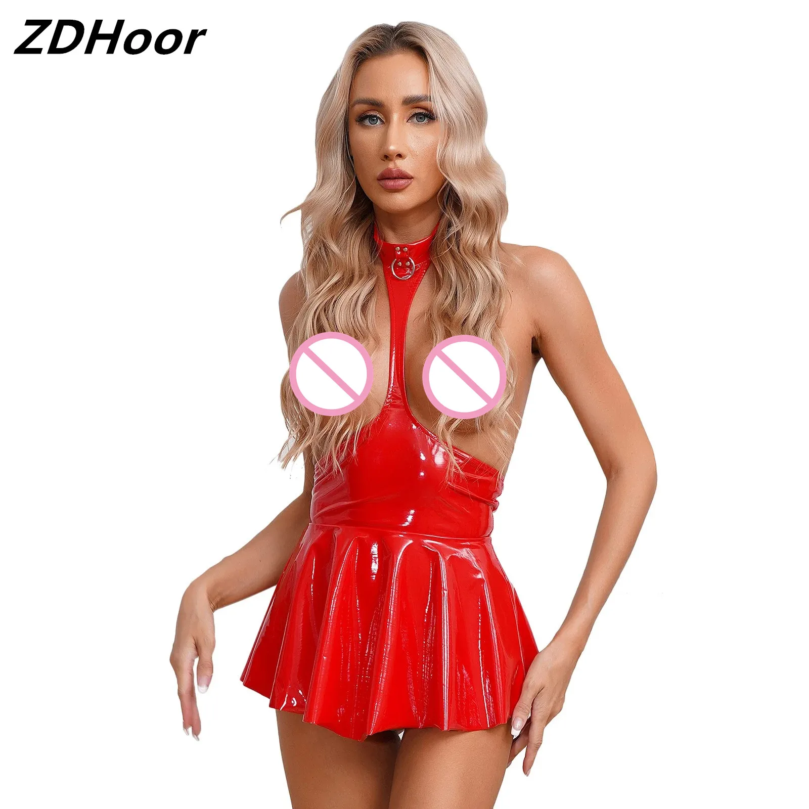 

Womens Open Chest Halter Ruffled Dress Wet Look Patent Leather Sleeveless Backless Dresses Lingerie Nightwear