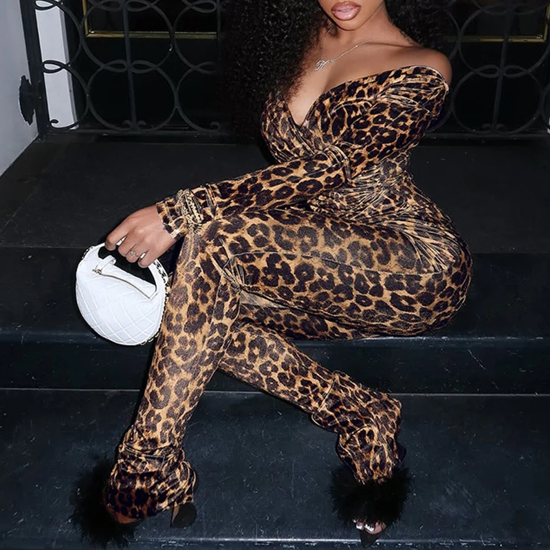 

BKLD 2026 Spring Leopard Print 2Pieces Matching Set Women's Fashion Sexy Off-shoulder V Neck Tops+Trousers Nightclub Slim Outfit
