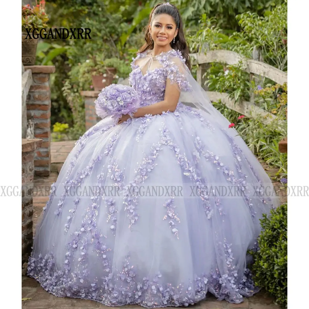 Purple Quinceanera Dress 2024 With Cape Mexican Lace Florals Sweet 15 Dress Sequin Vestidos 16 Birthday Party Gown Plus Size