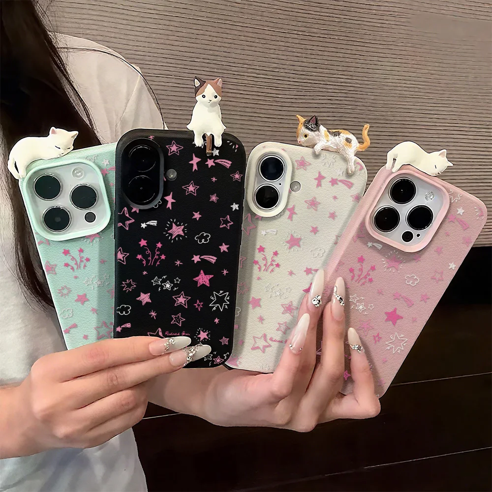 3D süße Katze Stern Ledertasche für iPhone 17 Pro Max Abdeckung iPhone 17 Air 11 15 12 13 16 14 Pro Max 15 16 14 Plus Soft Funda Cases