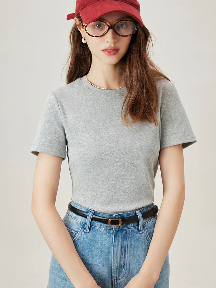 FSLE【4 Colors】Women Round Neck Casual Grey Summer T-Shirt Black Cotton Square Neck Short Sleeve Elastic Tees 24FS12797+24FS12798