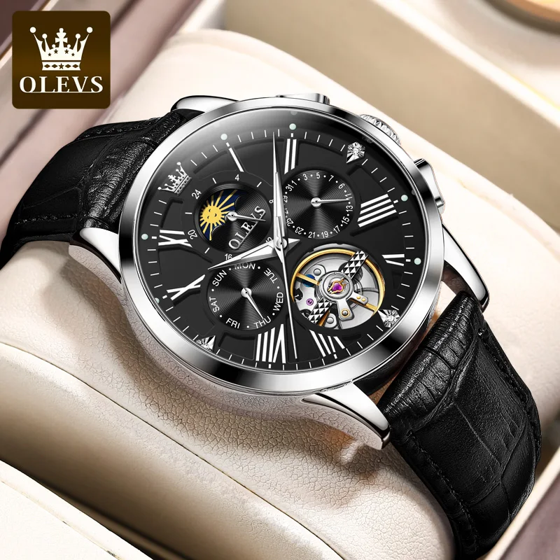 OLEVS montres pour hommes décontracté mode bracelet en cuir Original automatique mécanique montre-bracelet pour homme étanche Phase de lune lumineuse