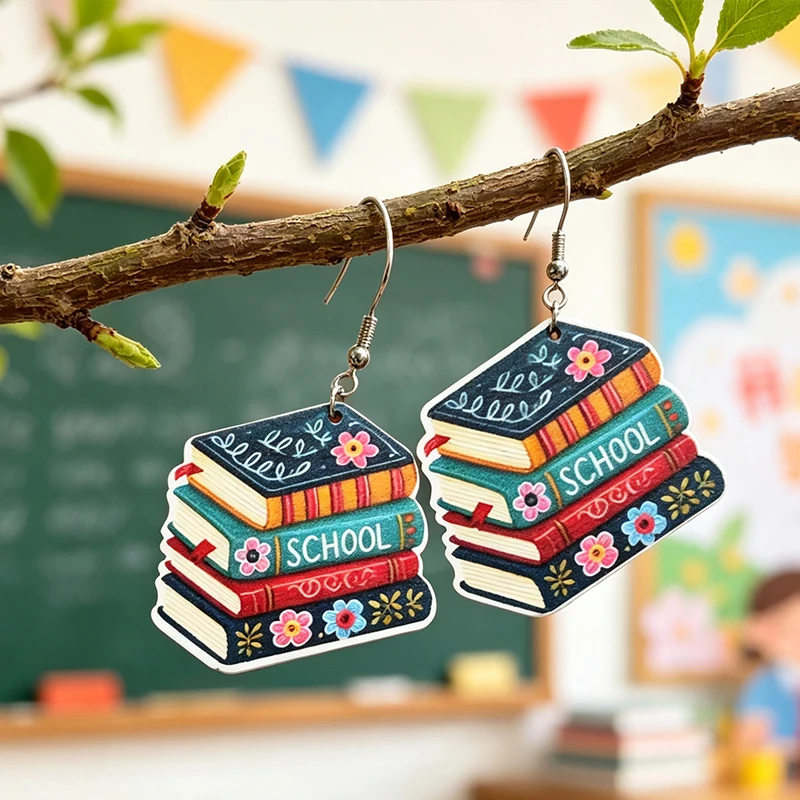 Vintage Floral Printed Stacked Book Drop Earrings Hypoallergenic Stainless Steel Hooks Teacher Graduation Jewelry