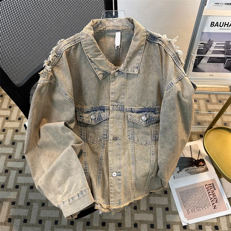 

Man Denim Coat Spring Autumn Vintage Turn Down Collar Male Jacket Single-breasted Long Sleeve Pocket Loose Casual Men Outerwear