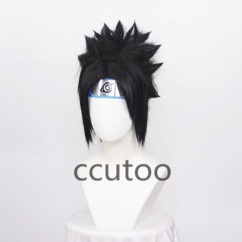 ccutoo Synthetic Black Short Wigs Uchiha Sasuke Cosplay Wigs for Men Heat Resistance with Blue headwear + wig cap