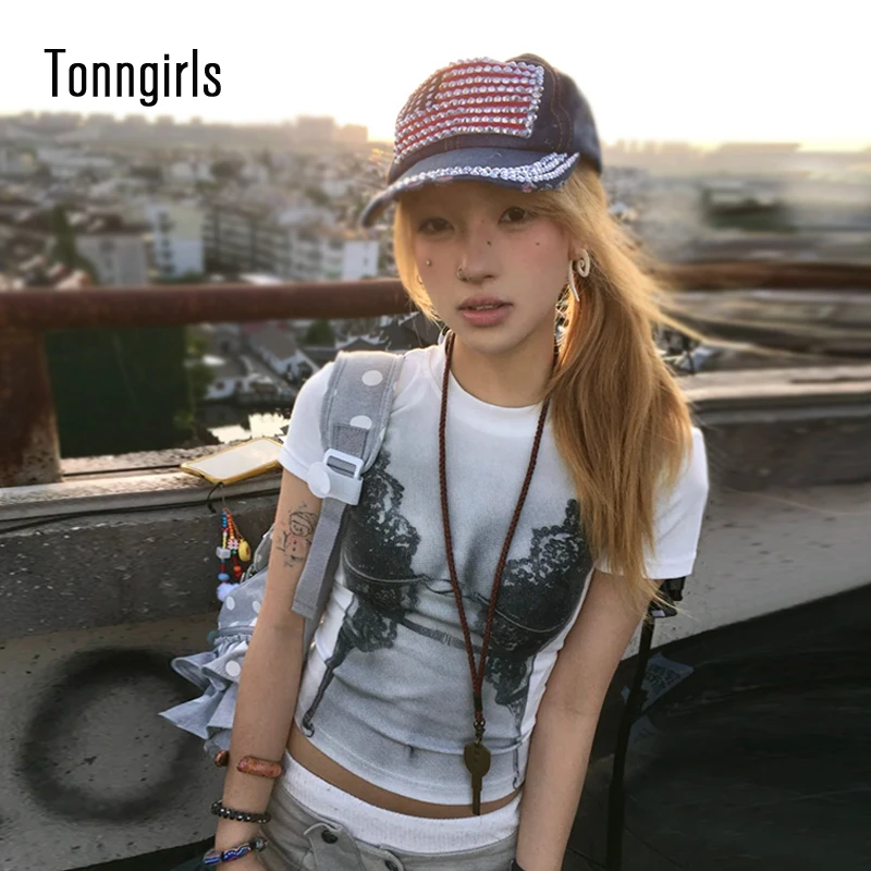 

Tonngirls Korean Style Print T Shirt Women Short Sleeve Slim Y2k Vintage Tee Tops Streetwear 2000s Japanese Grunge Tops E-girls