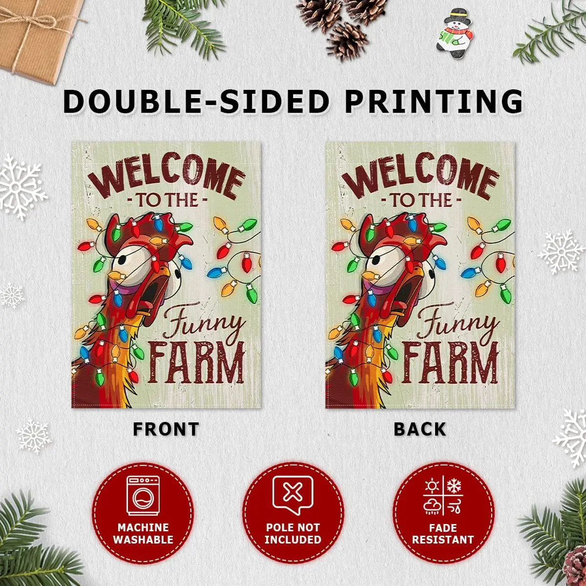 Christmas Welcome Flag - Fun Xmas Farmhouse Animal with Holiday Lights Garden Flags - Rustic Chicken Coop Décor Outside - We SSL - view 4