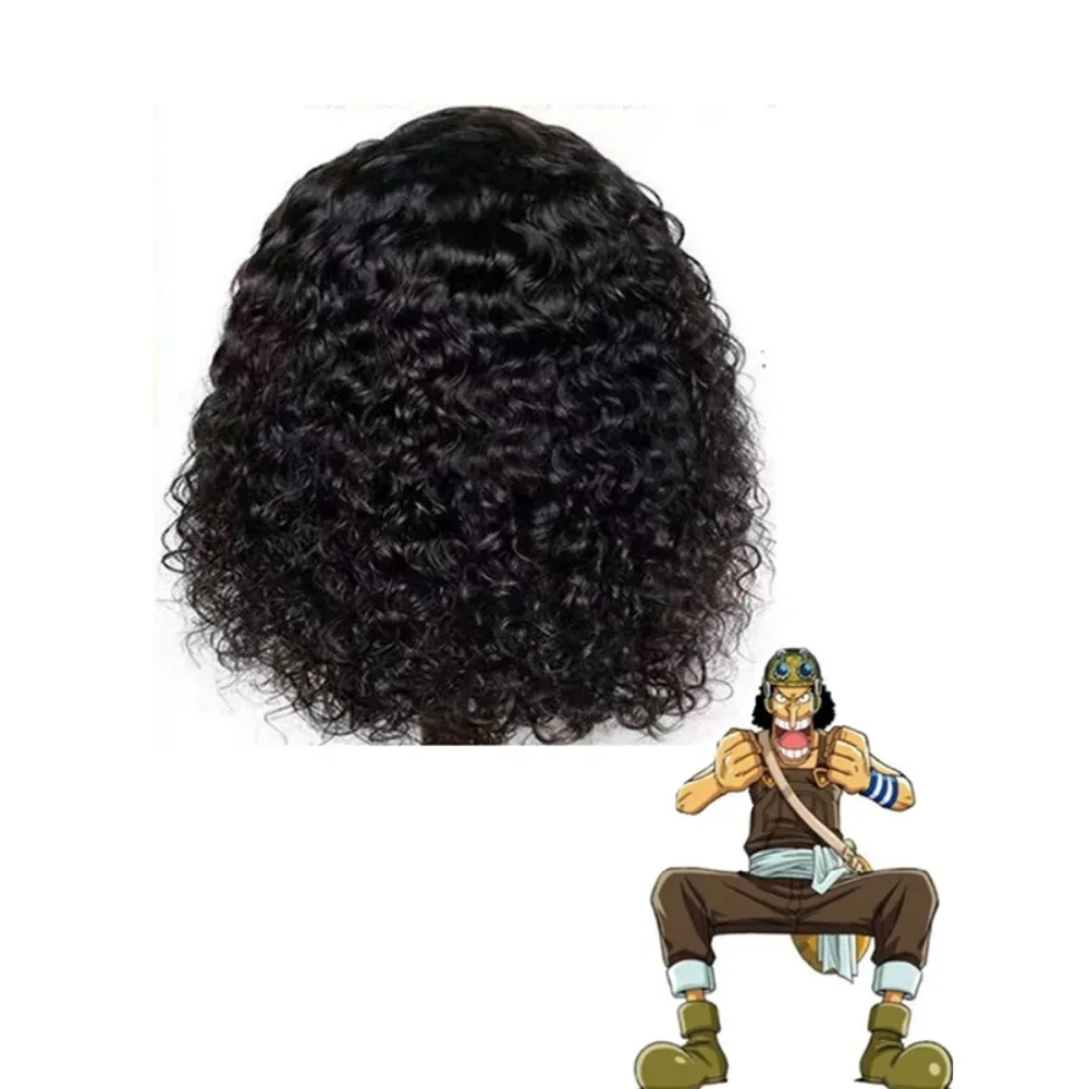 Peruki do cosplayu postaci Usopa z One Piece, japońskie anime, nakrycie głowy do cosplayu, czarne, średniej długości, małe, kręcone włosy, rekwizyty do kostiumu cosplay.