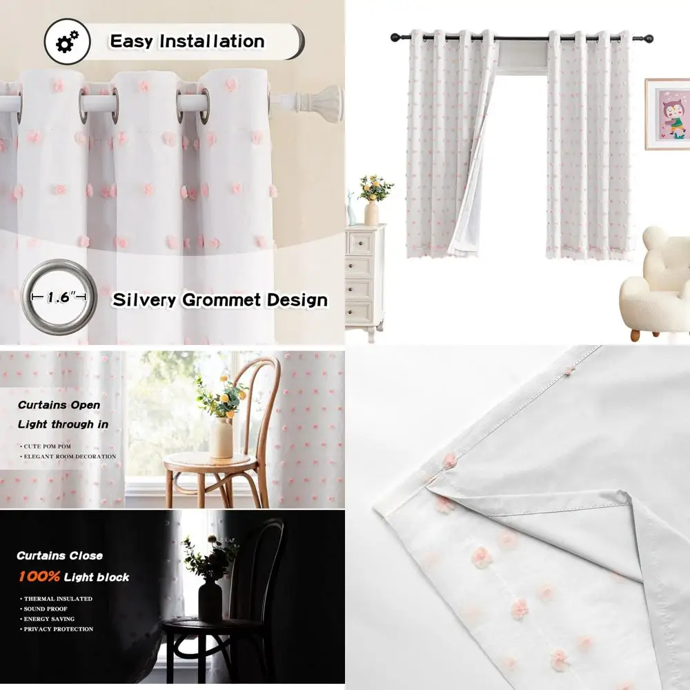 

63, 100% плотные шторы с розовым помпоном, 2 панели, 52 Вт x 63 л, для спальни девочек и детской комнаты, затемнение небольшого окна