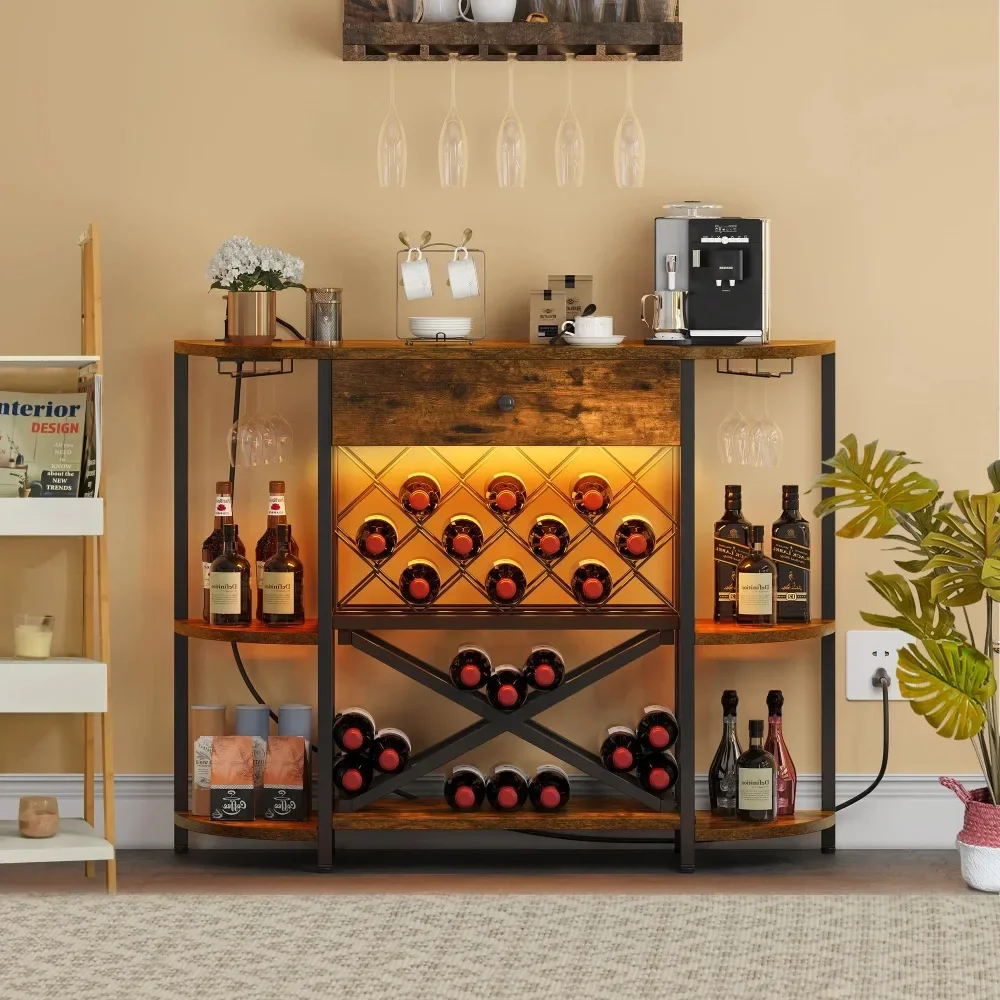 

Wine Cabinet with Power Outlets & LED Lights, Bar Cabinet with Wine Rack & Drawer, Brown