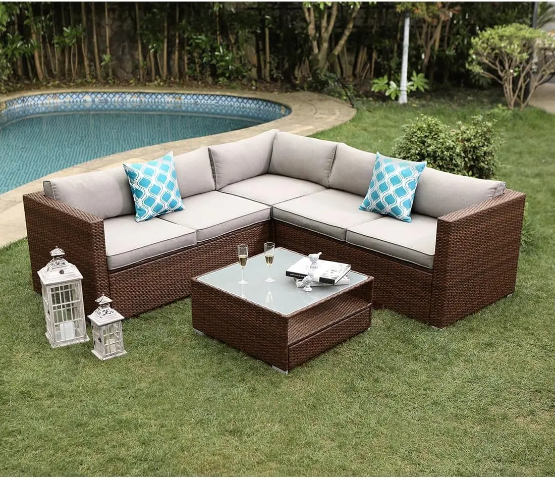 

Outdoor Furniture Set All-Weather Wicker Sectional Sofa Warm Thick Cushions, Glass Coffee Table, Teal Pattern Pillows