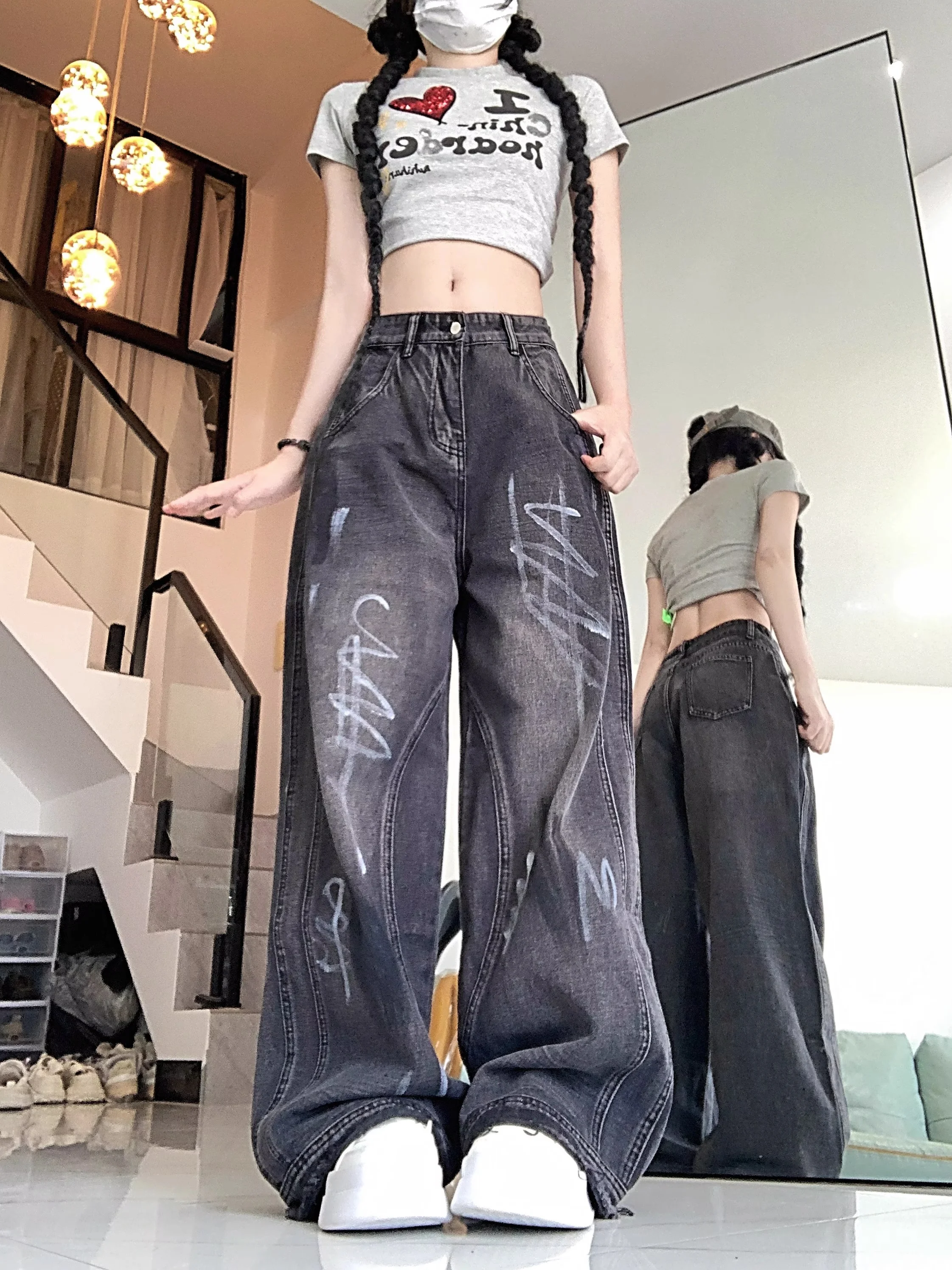 

Autumn American Style Washed Black Jeans Women's High Street Straight Tube Wide Leg Long Pants Chic Fashion Spicy Girl Mop Pants