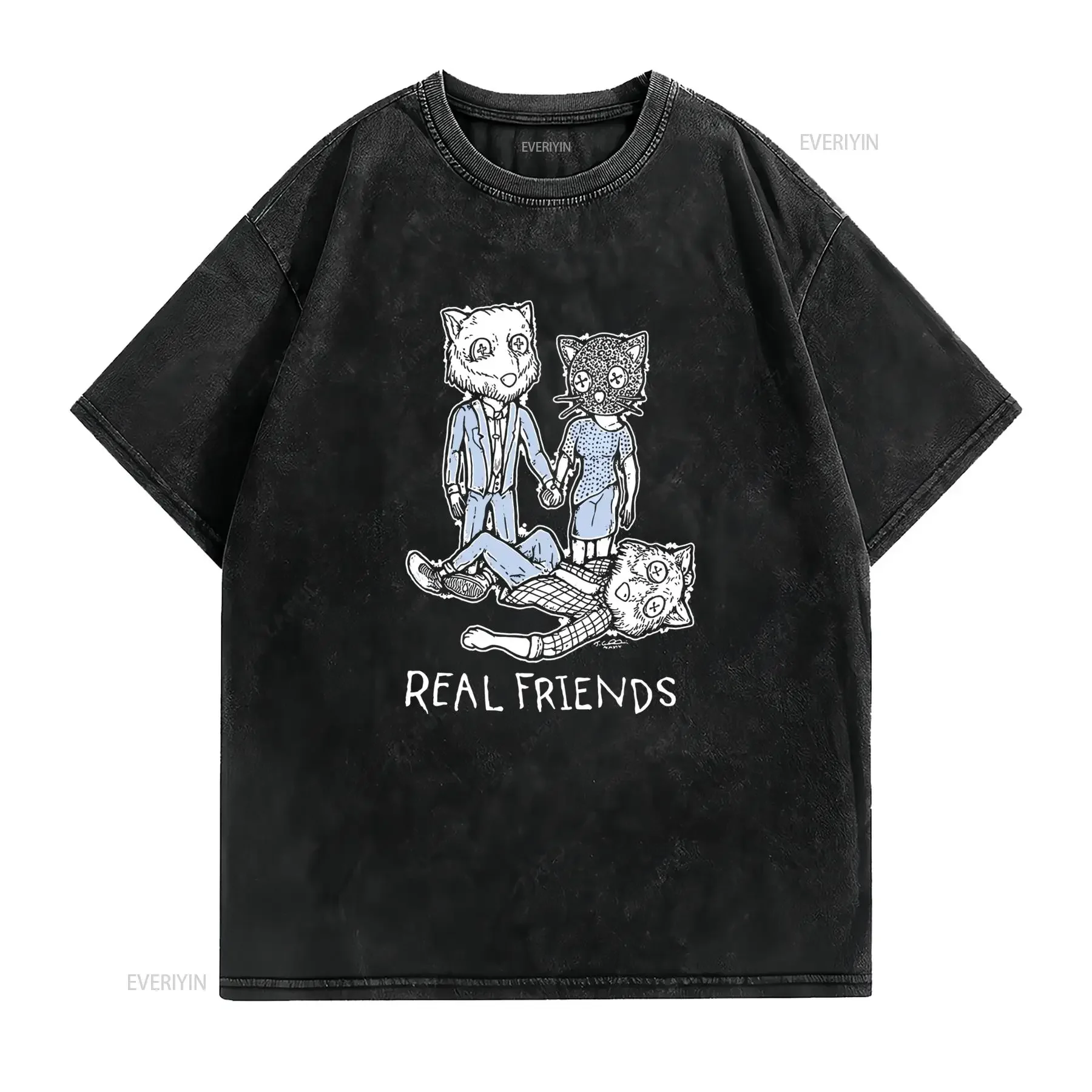 Retro Sketch Real Friends Funny Anthropomorphic Cat Print Casual Streetwear T Shirt vintage Washed Stretched Stylish fashion