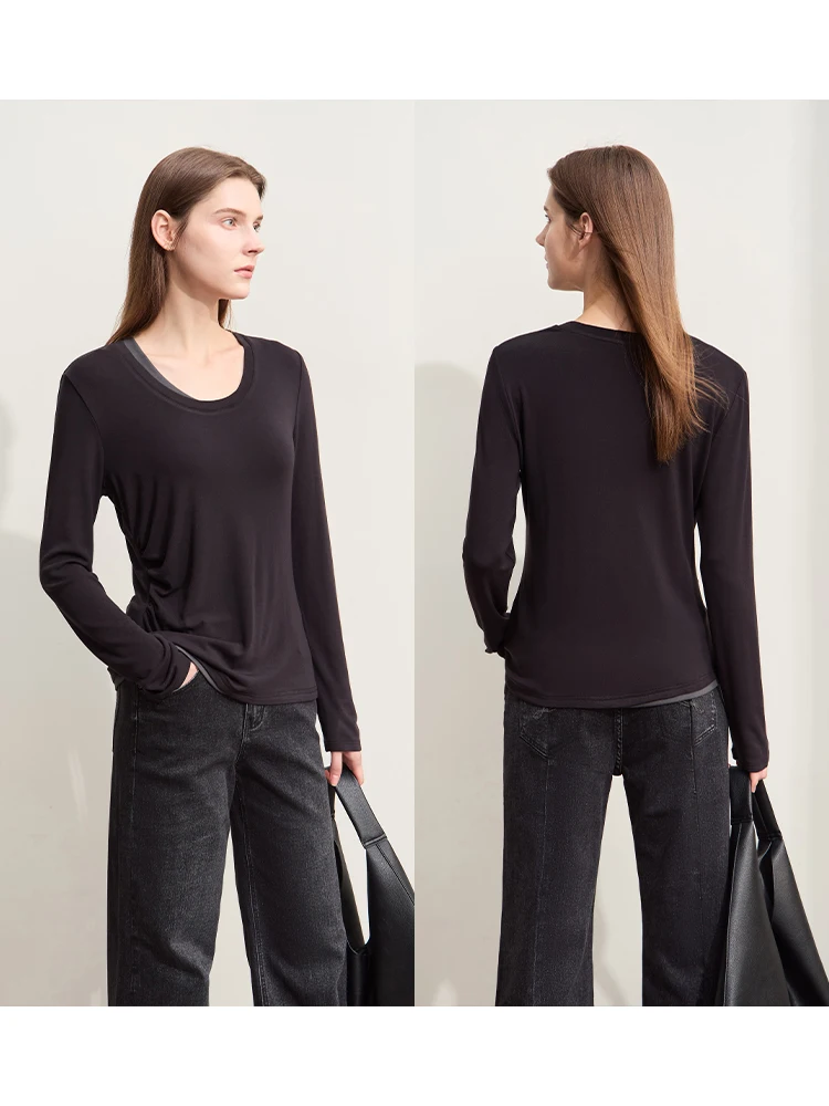 Amii Minimalism 2024 Autumn New Crew-neck T-shirts For Women Fake Two Patchwork Basic Long-sleeve Casual Female Tops 12443020