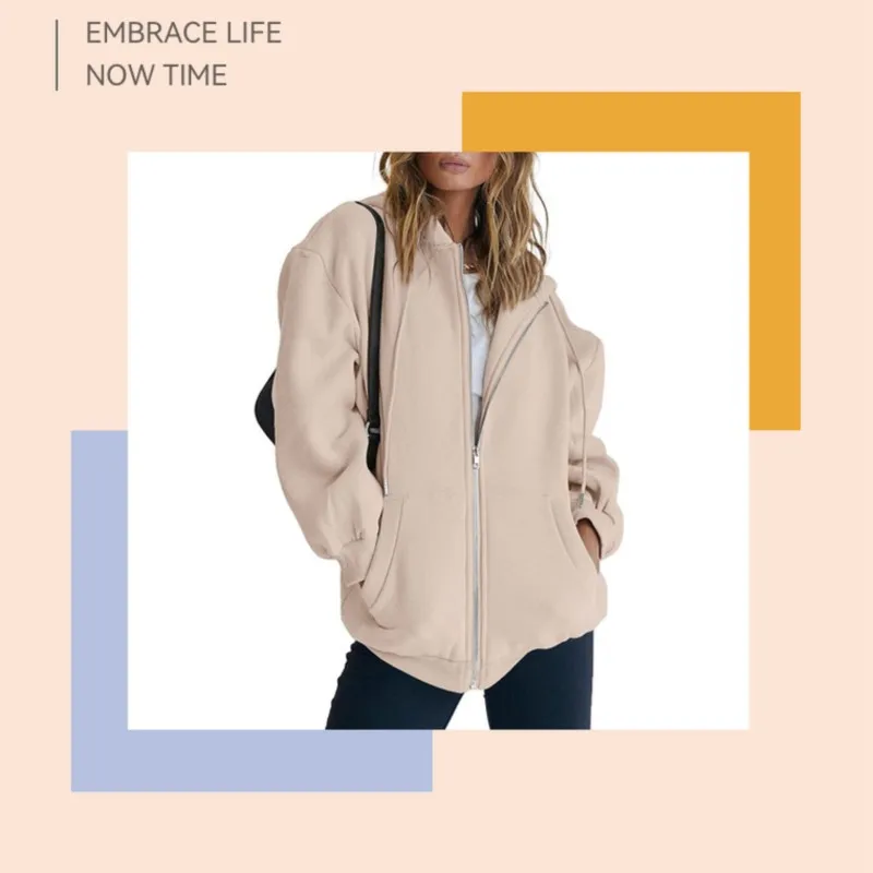 Women's Casual Fashion Solid Long Sleeved Zippered Hooded Sweatshirt Female Pocket Hoody Sweatshirt Cardigan Outwear Clothing