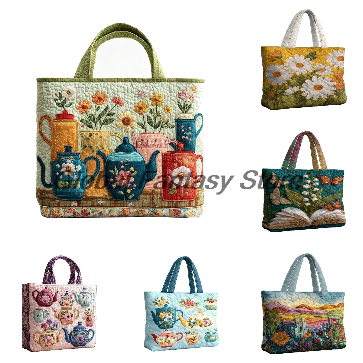 Women's Cute Teapot Quilted Tote Retro Floral Print Travel Tote Elegant Casual HandBag Men Daily Shopping Bags