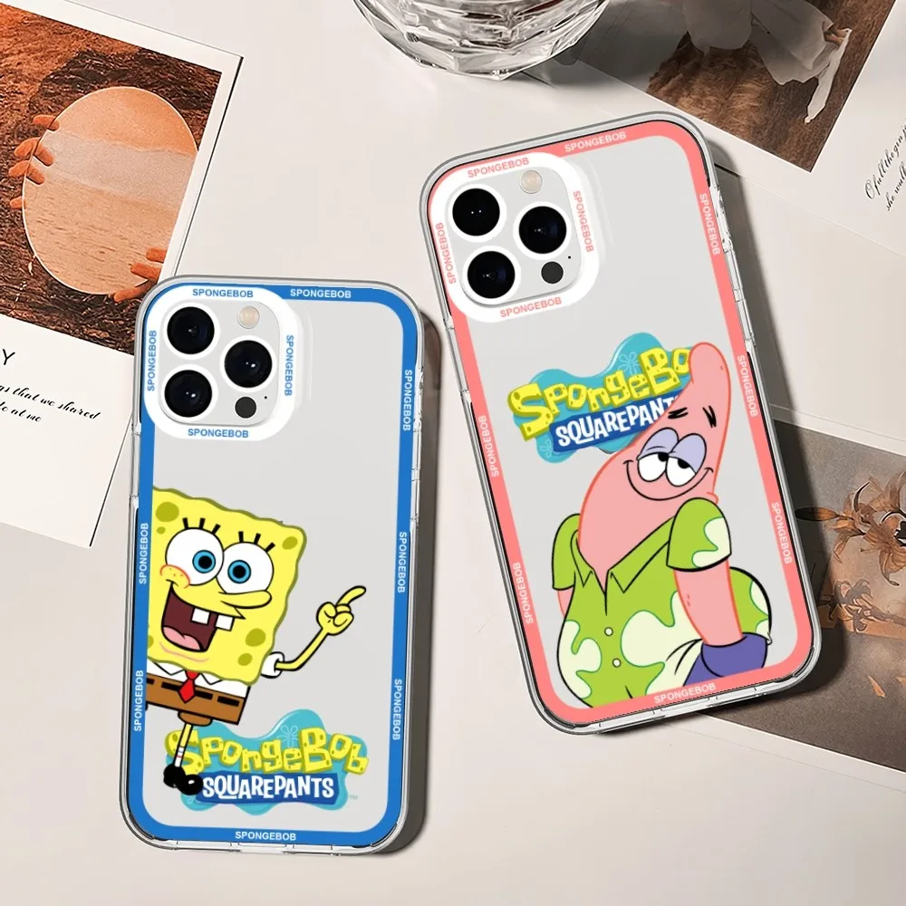 Sponge B-Bob Cartoon SquarePants Phone Case For iPhone 11 12 Mini 13 14 15 Pro Max Transparent Shell